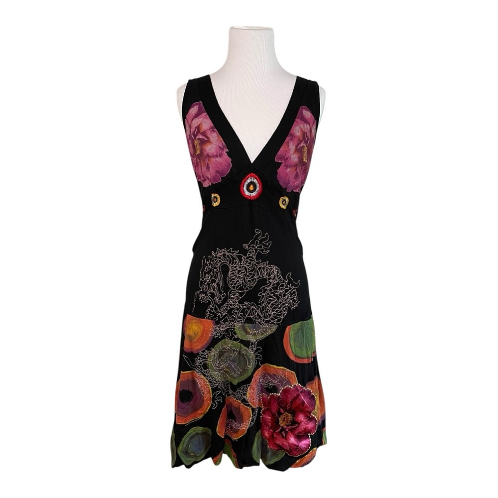 Desigual Black and Pink Floral Sleeveless V-Neck Midi Dress
